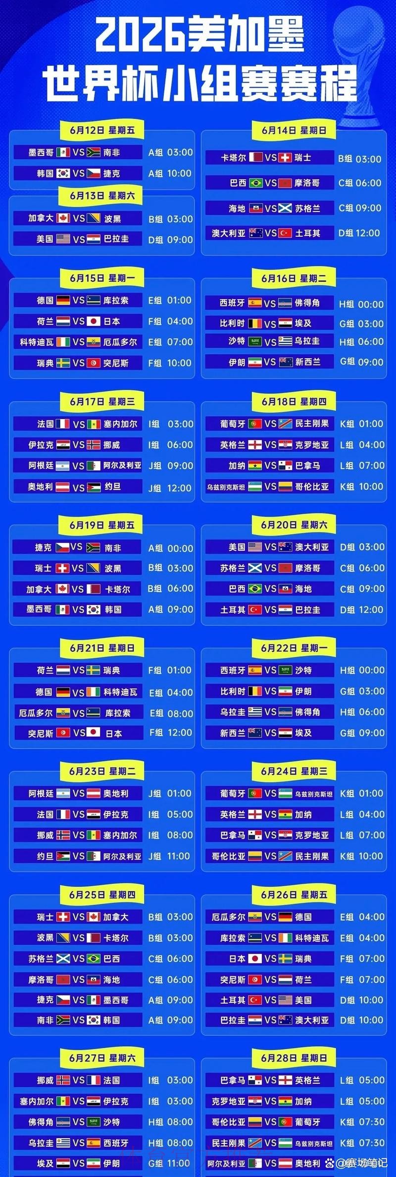 2026世界杯赛事直播时间安排 2026世界杯赛事直播时间安排